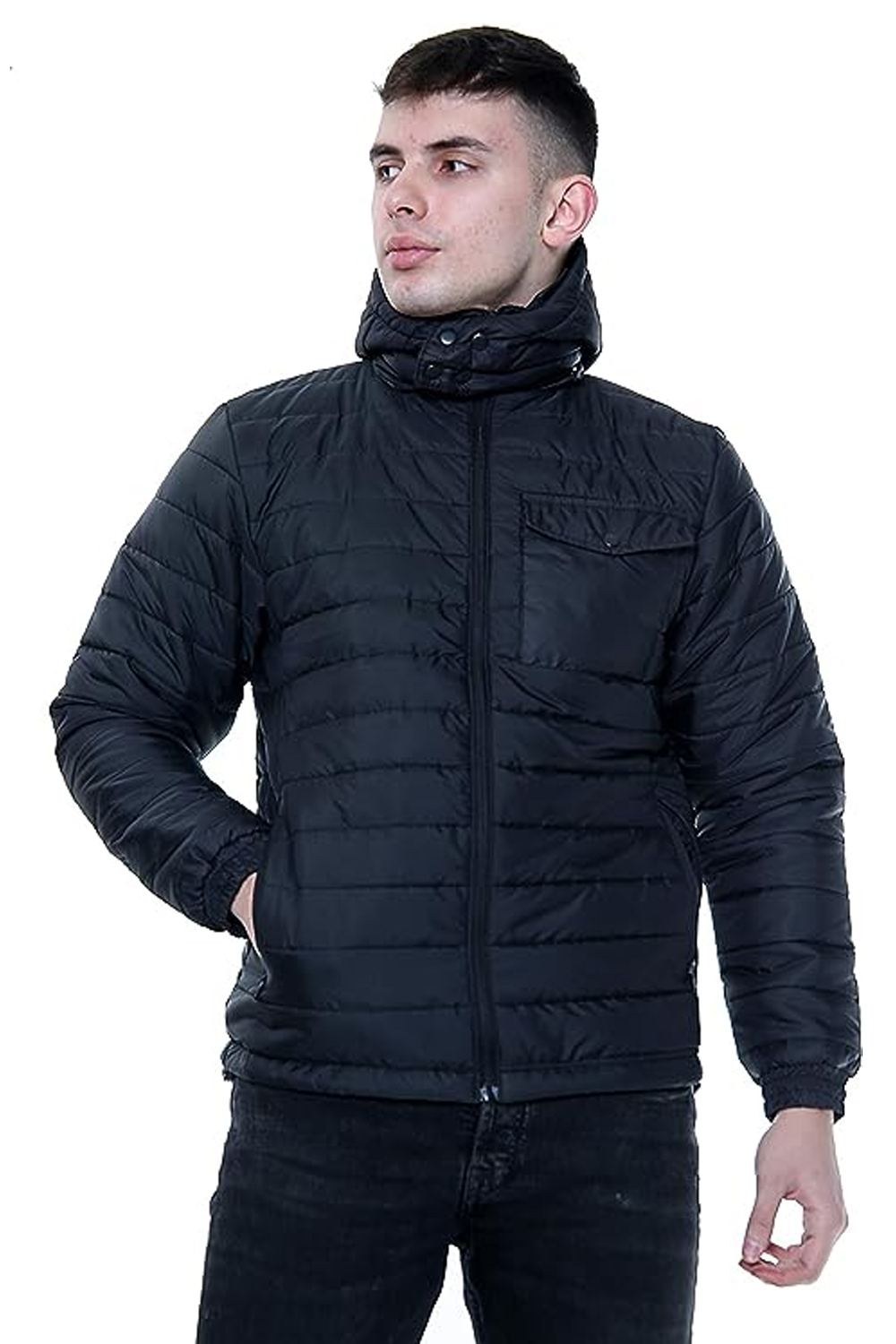 Mens Quilted Puffer Hooded Padded Jacket Bubble Coat UK Size S to 2XL black