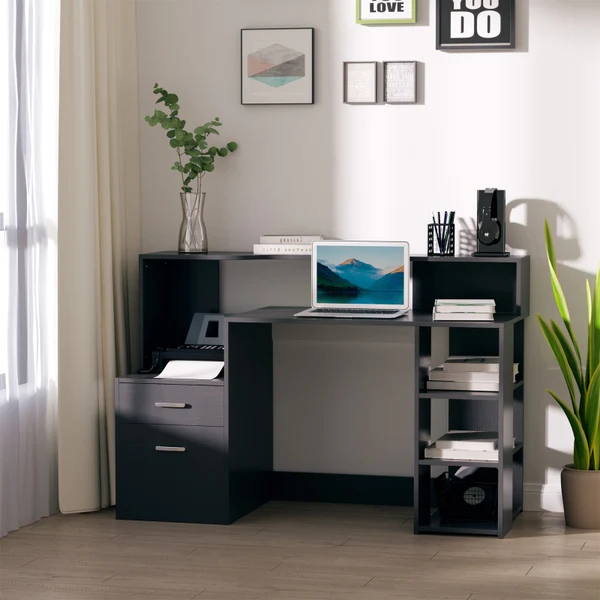 Modern Computer Desk with Drawers and Storage Shelves, Study Workstation, Writing Desk with Printer Stand for Home Office, Black