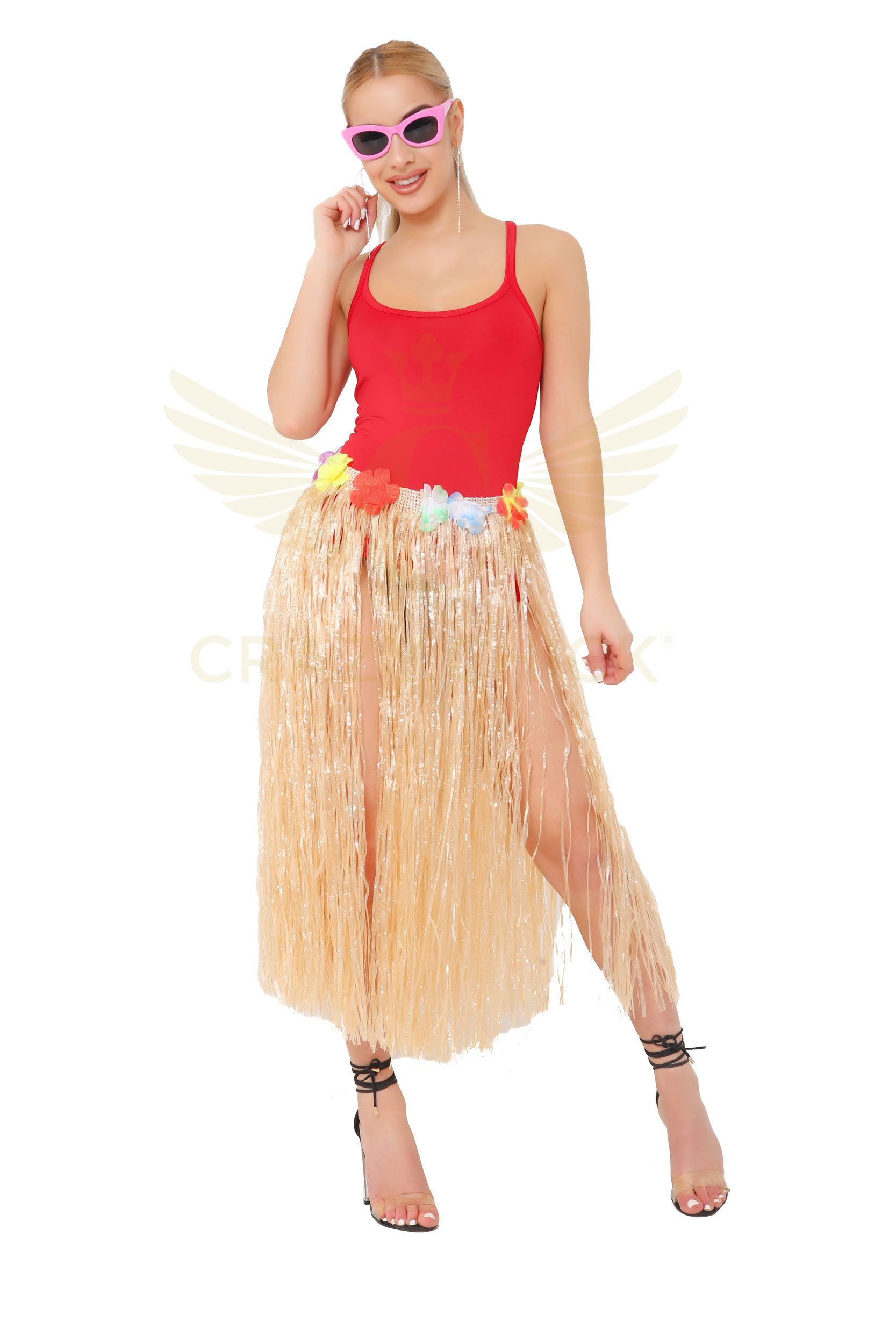 Crazy Chick Adult Natural Coloured Hula Skirt with Flowers (80cm)