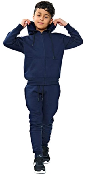 Navy Blue Kids Plain Zipper Tracksuit Set