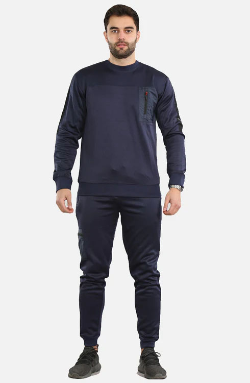 Navy Men Round Neck Tracksuit With Front Pocket