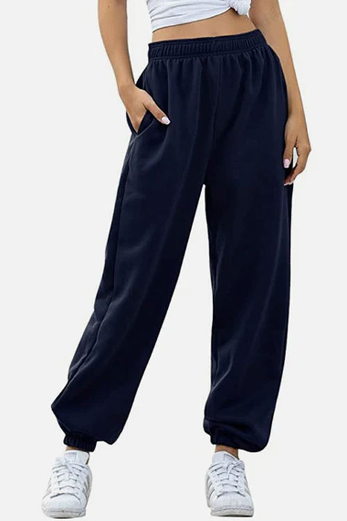 Navy Women Elastic Waist Sweatpants With Pocket