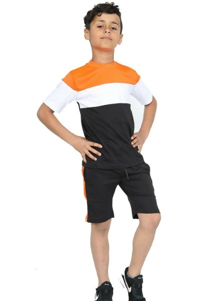 Kids Orange/Black Contrast Panel 2 Pieces Shirt & Short Set