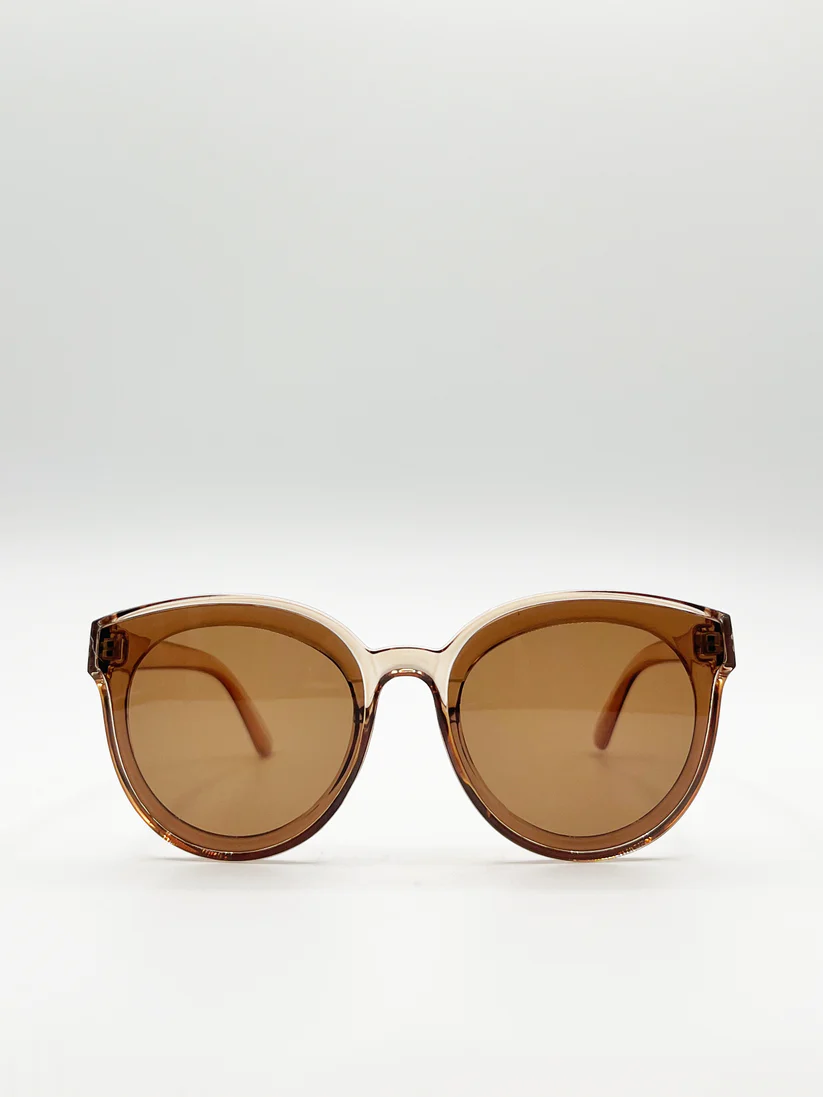 Pink Clear Frame Round Wayfarer Style Oversized Sunglasses with Brown Lenses