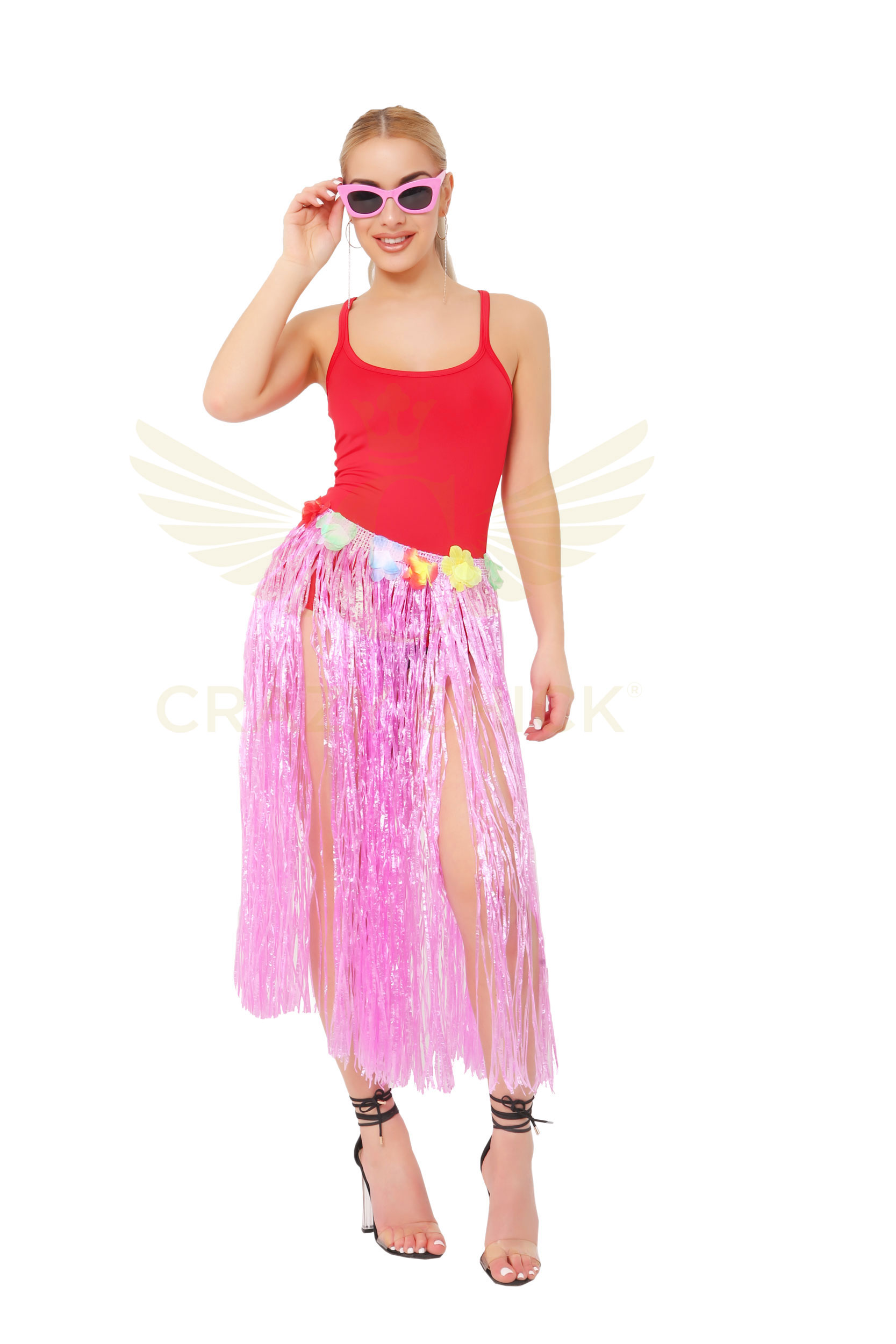 Crazy Chick Adult Pink Hula Skirt with Flowers (80cm)