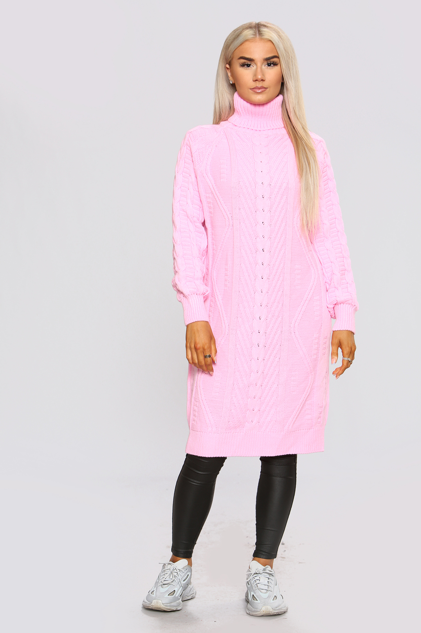 Pink Roll Neck Knitted Jumper Dress