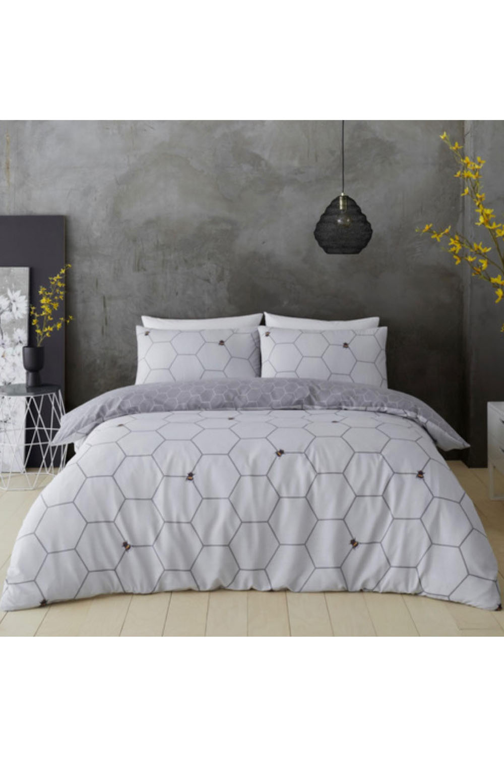 Printed Duvet Set Bee Happy Grey