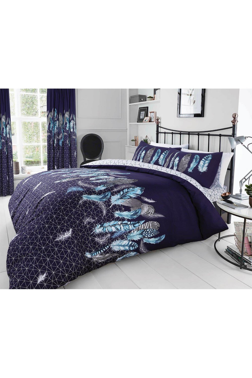 Printed Duvet Set Feathers Navy