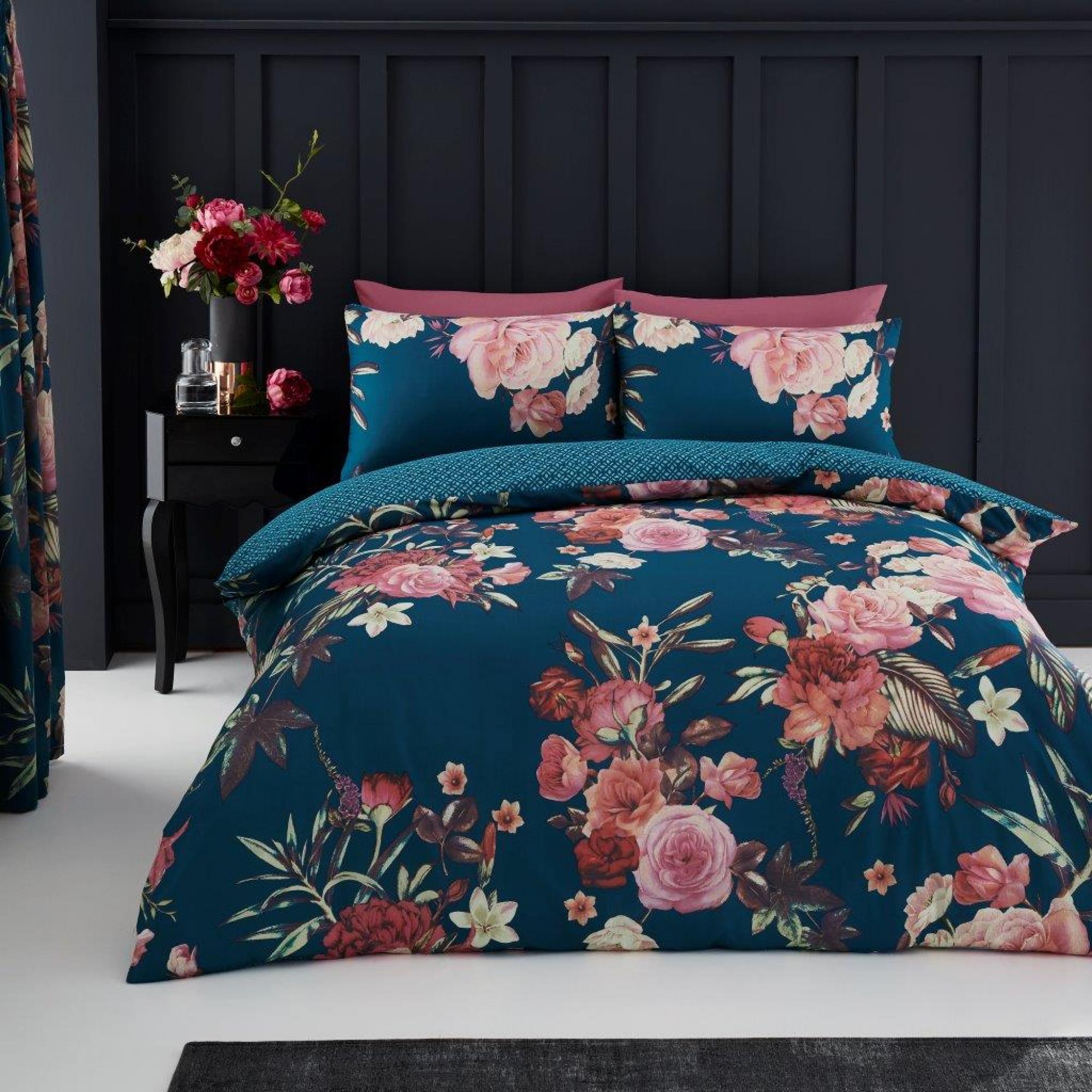 PRINTED DUVET SET FLORA TEAL