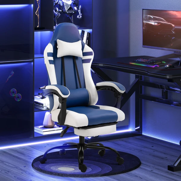 PU Leather Gaming Chair with Headrest, Footrest, Wheels, Adjustable Height, Racing Gamer Chair, Blue White