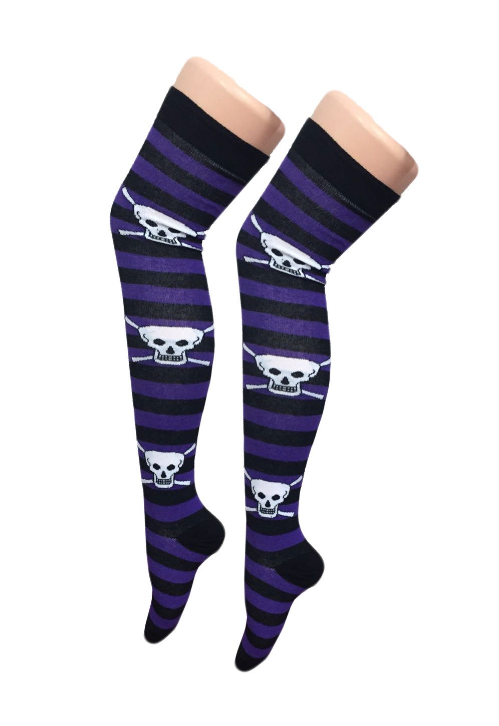 Crazy Chick Purple Black Stripe Skull OTK Socks (12 Pairs)