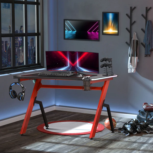 Racing Style LED Gaming Desk, Home Office Desk, Computer Table with RGB LED Lights, Carbon Fibre Surface, Headphone Hook, Cup Holder, Controller Rack, Black and Red
