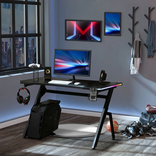 Racing Style LED Gaming Desk, Home Office Desk, Computer Table with RGB LED Lights, Carbon Fibre Surface, Headphone Hook, Cup Holder, Controller Rack, Black