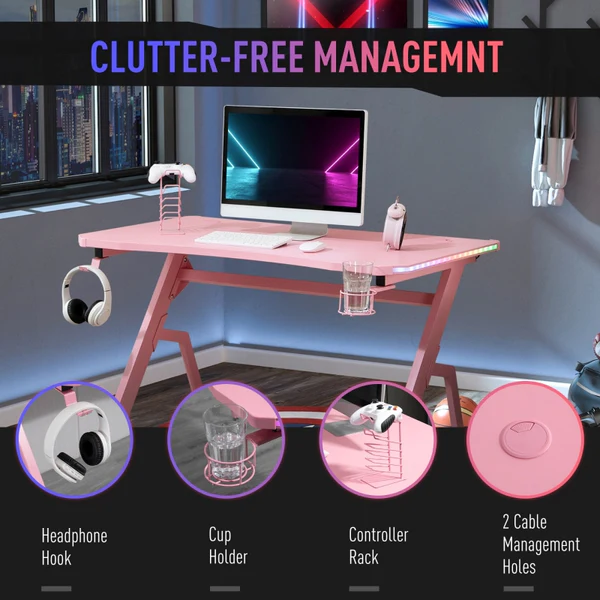 Racing Style LED Gaming Desk, Home Office Desk, Computer Table with RGB LED Lights, Carbon Fibre Surface, Headphone Hook, Cup Holder, Controller Rack, Pink