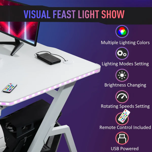 Racing Style LED Gaming Desk, Home Office Desk, Computer Table with RGB LED Lights, Carbon Fibre Surface, Headphone Hook, Cup Holder, Controller Rack, White