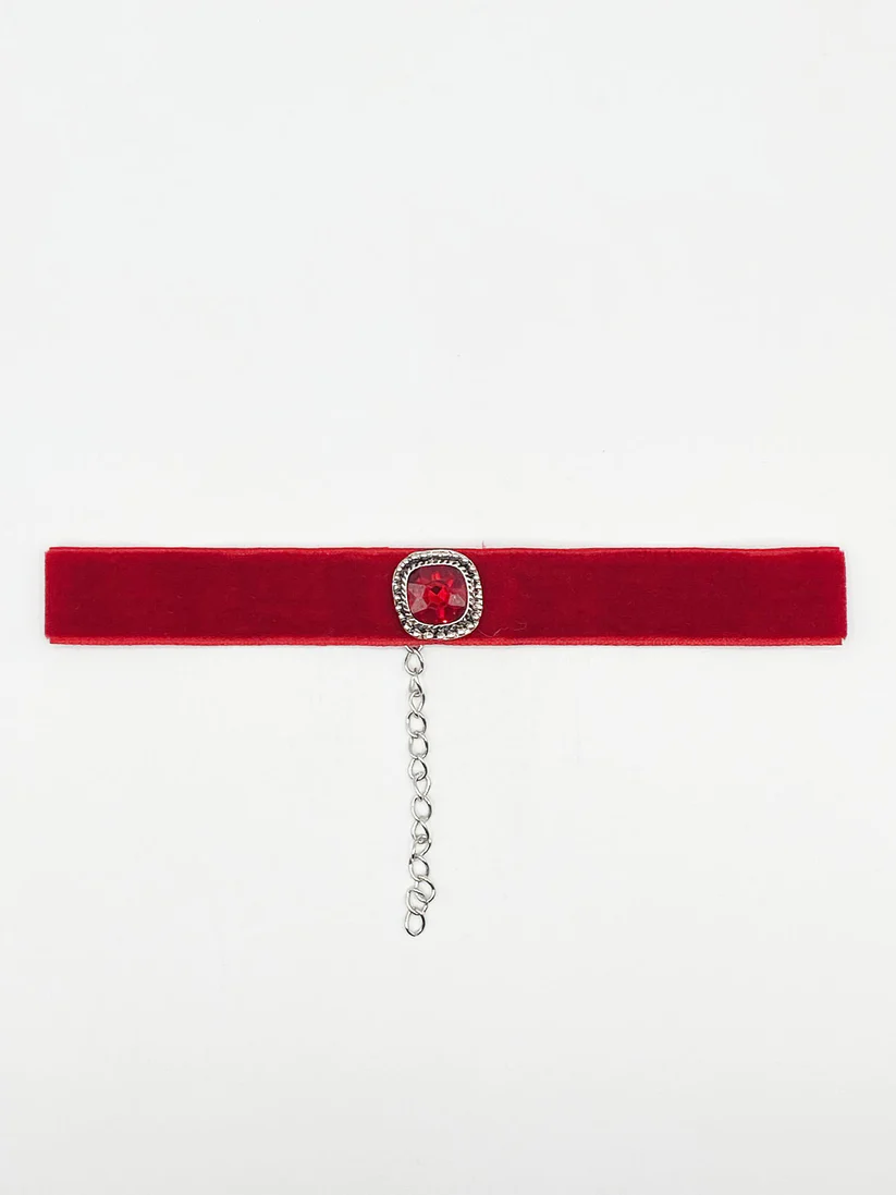 Red Faux Velvet Choker Necklace with Red Jewel