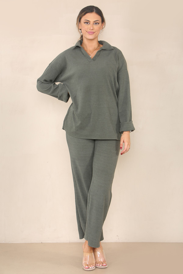 Ribbed Collar CoOrd Set Khaki