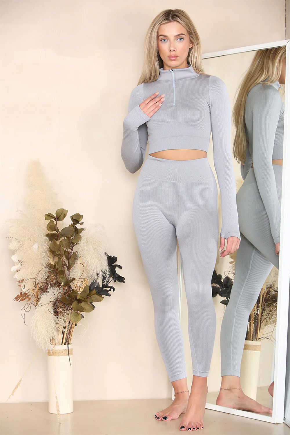 Ribbed Tracksuit Two Piece Set With Half Zip Detail Gym Loungewearh Grey