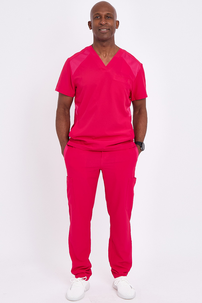  Men Rose Red Medical Scrub Set Uniform With Pockets