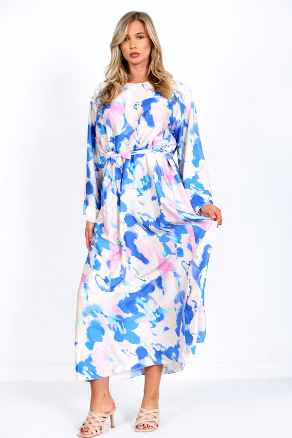 Blue Satin Belted Maxi Dress