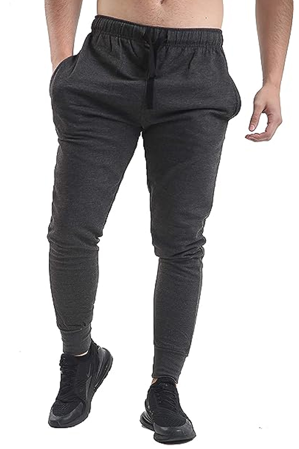 Slim Fits Jogging Bottom Sweatpants Fleece Ribbed Cuffed Ankle Size S-XXL Charcoal