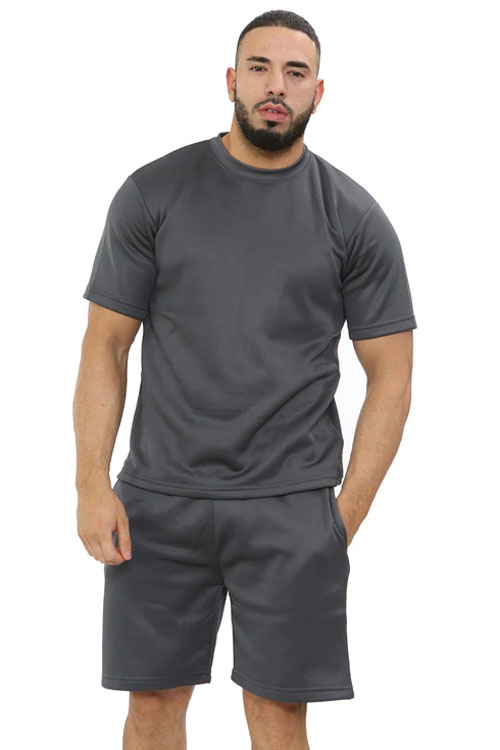 Steel Grey Men Polyester Fleece Round Neck Top & Short Set