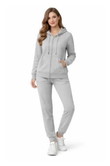 Active Star Ladies Grey Melange Zipper Hoodie Trousers Set