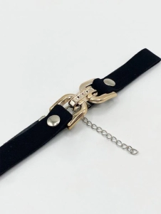 Black Faux Suede Choker Necklace With Gold Tint Clasp Centre