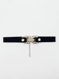 Black Faux Suede Choker Necklace With Gold Tint Clasp Centre