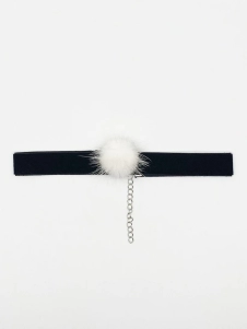 Black Faux Velvet Band Choker Necklace With White Pom Pom