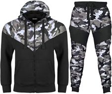 Kids Black Camouflage Print Contrast Panel Tracksuit Set