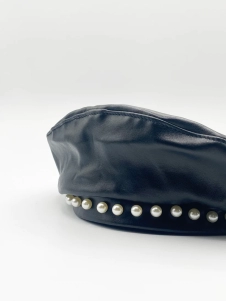 Black PU Leather Beret With Faux Pearl Trim