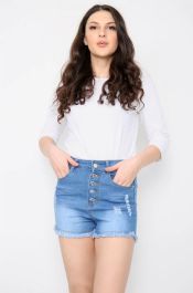 Blue Buttons Distressed High Waisted Denim Shorts