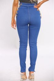 Blue Cut Ankle Slit Skinny Jeans with Chains
