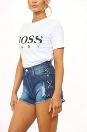 Blue Distressed High Waisted Denim Shorts