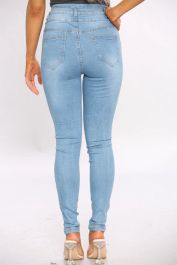 Blue Ripped Three Button Hem Skinny Jeans
