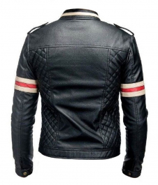 Cafe Racer Biker Style Black Jacket with Red and Beige Stripes