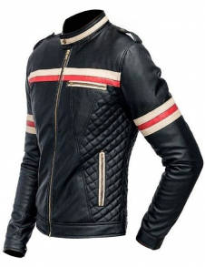 Cafe Racer Biker Style Black Jacket with Red and Beige Stripes