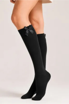Girls Black Knee High Socks with Black Bow