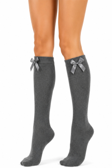 Girls Grey Knee High Socks with Grey Bow