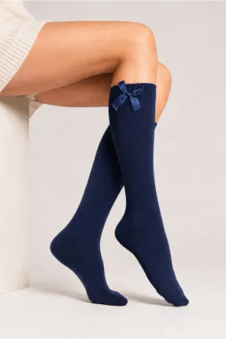 Girls Navy Knee High Socks with Navy Bow