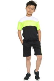 Kids Green/Black Contrast Panel 2 Pieces Shirt & Short Set