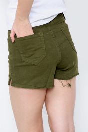 Khaki Buttons Distressed High Waisted Denim Shorts
