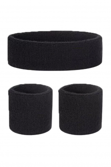 Ladies Black 80s Style Sports Gym Wristband + Headband