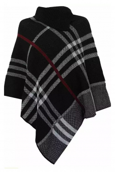 Ladies Black High Neck Tartan Check Knitted Poncho Cape Shawl