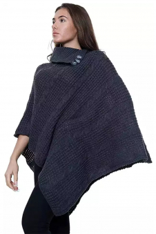 Ladies Charcoal 3-Button Knitted Winter Poncho Cape