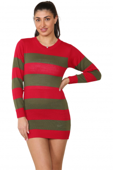 Wickedfun Nightmare demon Ladies Red and Green Stripe Knitted Long Dress Jumper