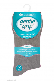 Ladies Grey Gentle Grip Diabetic Soft Top Cotton Rich Socks