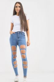 Ladies High Waisted Multi Ripped Jeans
