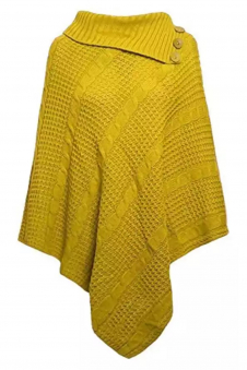 Ladies Mustard 3-Button Knitted Winter Poncho Cape